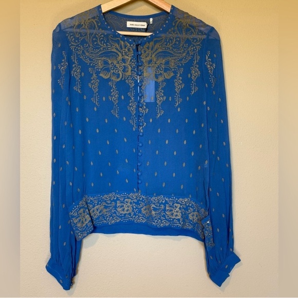 ISABEL MARANT ÉTOILE Sheer Silk Printed Button Up Top Blue Gold Size Small - Picture 2 of 11